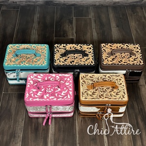 Hand Tooled Genuine Leather Travel Cosmetic Bag with Shoulder Strap <b>Hair</b> On Cowhide Leather Double Decker Jewelry & <b>Box</b> - Product Image 1