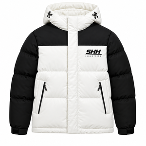 <b>Men's</b> Hooded Puffer Jacket Black <b>White</b> Color Block Padded Winter <b>Coat</b> with Zip Pockets Custom Outdoor Streetwear Wholesale - Product Image 1