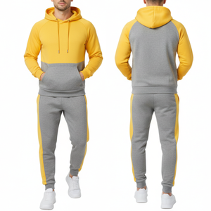 Conjunto Deportivo Gris y Amarillo para Hombre OEM - Sudadera con Capucha de Manga Raglán con Bloques de Color y Pantalón con Franja Lateral en Contraste - Product Image 3