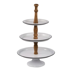 Three Tier Cake Stand With Wooden Handle White Enamel Plates Reusable Multi Layer Display - Product Image 1