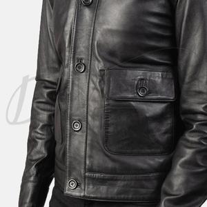 Veste en cuir véritable noire pour homme, style classique boutonnée, coupe ajustée, en peau de mouton souple, veste moto décontractée, vente en gros - Product Image 1