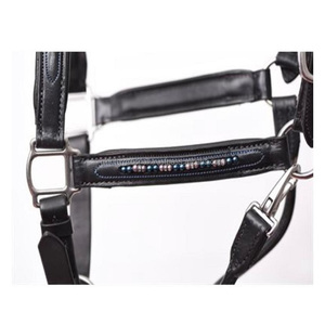 Licol de cheval en cuir de selle épais fait main populaire en noir ou havane en cuir véritable perle bleue décorative cheval licou fantaisie - Product Image 1