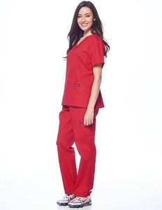 Ensemble de blouses médicales rouges pour femmes, manches courtes, col en V, coton et polyester tissé, uniforme d'hôpital pour les professionnels de la santé - Product Image 1