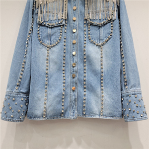 2026 New Arrivals Winter Rivet Beaded Tassels Windproof Fashion Personality Korean Long Stylish Bomber <b>Denim</b> <b>Jacket</b> - Product Image 3