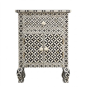 Table de chevet indienne artisanale en os incrusté rose, motif floral luxueux, 3 tiroirs, meuble d'appoint pour chambre à coucher - Product Image 5