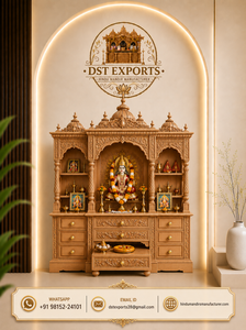 Royal Hand-Carved Teak Wood Home <b>Mandir</b> Design Big Size Floor Standing Hindu Home Temple Cabinet with Storage Drawers Puja Unit - Product Image 5