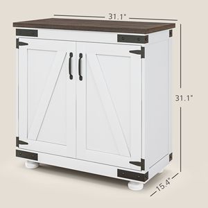 Distressed White Brown Oak <b>Kitchen</b> <b>Sideboard</b> Adjustable Shelf Buffet <b>Cabinet</b> with Barn Door for Villa Farmhouse Living Room - Product Image 3
