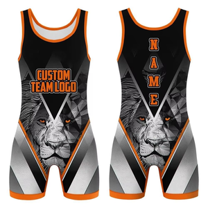 Trajes de lucha libre de diseño personalizado para entrenamiento y competición, talla grande, color naranja y negro con bloques de color. - Product Image 3
