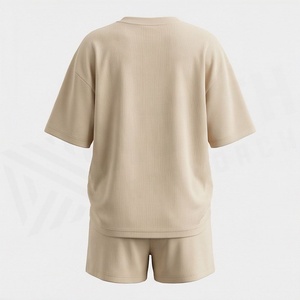 Ensemble décontracté en tricot pour femmes, 2 pièces, t-shirt à manches courtes et short au-dessus du genou, couleur unie, respirant, coupe ample, printemps été - Product Image 2