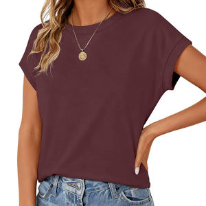 T-shirt décontracté en coton tricoté pour femme, col rond, manches courtes, coupe classique, couleur bordeaux, idéal printemps-été - Product Image 2