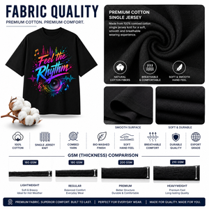 Camiseta Negra para Hombre con Estampado Musical Feel Rhythm, Manga Larga, Cuello Redondo, Corte Holgado, Informal, 100% Algodón Jersey Transpirable, Logotipo Frontal, 180g - Product Image 5