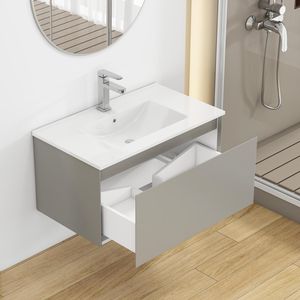 32-Inch Wall Mounted <b>Bathroom</b> <b>Vanity</b> with 1 Big Drawer Soft Close System Ceramic Sink No Handle Design Solid Wood Painted Finish - Product Image 5