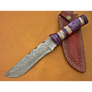 Cuchillo de caza hecho a mano de acero de Damasco con mango de hueso morado y hoja fija, con funda de cuero. - Product Image 5
