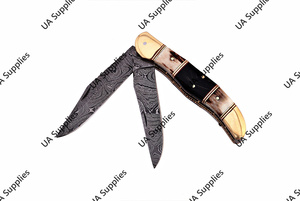 Couteau de poche pliant à double lame en acier Damas de haute qualité, manche en corne de taureau et de cerf, avec étui en cuir – Un incontournable pour votre sac à main - Product Image 3