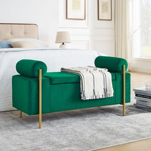 Elegante Panca Contenitore in Velluto Verde con Gambe in Ferro e Braccioli Cilindrici per Ingresso, Soggiorno e Camera da Letto - Product Image 1