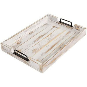 Plateaux de service en bois blanc en gros avec poignées en métal noir, grands plateaux rectangulaires décoratifs de style farmhouse pour table basse et maison - Product Image 1