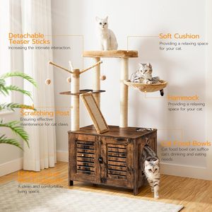 Cat Tree Litter Box Enclosure, 44"Tall Wooden Cat Tower <b>Scratching</b> <b>Post</b>, Cat Hammock, All-in-One Indoor Cat Condo, Rustic Brown - Product Image 3