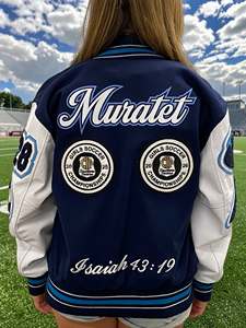 Chaqueta universitaria personalizada para damas, para esta jugadoras de fútbol americano de la escuela secundaria Los Osos. - Product Image 3