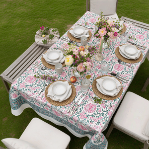 Mohini Green Open Christmas <b>Tablecloth</b> 180x270cm Handcrafted Block Printed 100% Cotton Holiday Dining Table Decor Style - Product Image 6