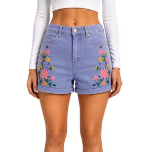 Shorts de Mezclilla de Cintura Alta para Mujer, Color Lavanda, con Bordado Floral Colorido, Shorts Casuales de Verano, Fabricante OEM ODM Personalizado - Product Image 1