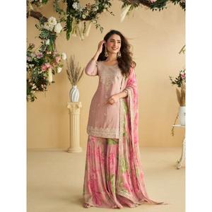 ZAIN EXPORT NOUVELLE COLLECTION : Ensemble Salwar Kameez Moderne avec sous-vêtement intégré, en soie Chinon lourde et crêpe, pantalon Palazzo et Dupatta, pour Mariage/Fête, livraison rapide - Product Image 1