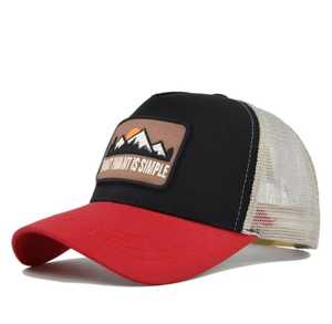 Unisex Adjustable Trucker Hat <b>Black</b> Mesh Back Breathable Outdoor Casual Cap With Mountain Patch Embroidery Design - Product Image 1