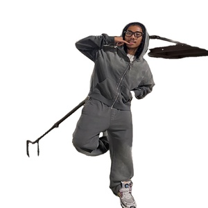 <b>Men's</b> Oversized Full Zip Hoodie <b>Pants</b> Set Acid Washed Print 100% Cotton Winter <b>Crop</b> Hoodie with Rhinestone Logo Front Located - Product Image 2