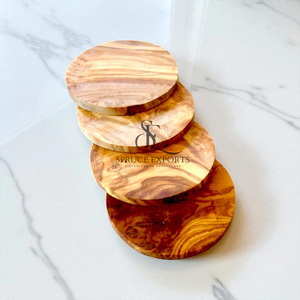 Handcrafted 6 Pieces Olive Wood Drink Coaster Set. Premium Rustic Round Shape Wooden <b>Cup</b> <b>Mats</b> For Coffee Tables & Serving Drinks - Product Image 5