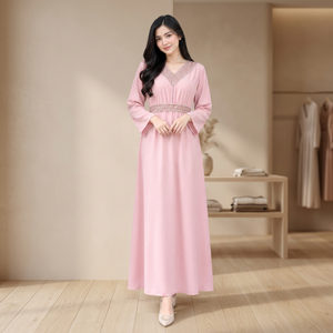 Robe Abaya élégante pour femmes à manches longues, broderie, col en V, tissu Abaya Caftan, robe de soirée décontractée, couleur rose unie - Product Image 2