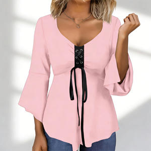 Oferta especial en la blusa de moda para mujer de Temu con mangas acampanadas, cuello en V, detalle de cordones, dobladillo asimétrico y estilo túnica holgada para fiesta. - Product Image 6