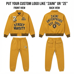 Mens Varsity Tracksuit 420 GSM Premium Cotton Polyester Fleece Mustard Ribbed Cuffs Chenille <b>Embroidery</b> Custom Logo <b>Set</b> - Product Image 1