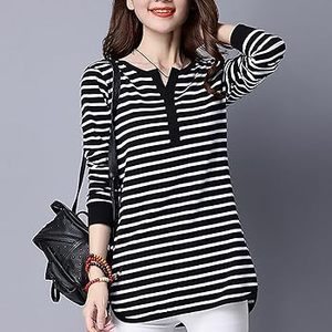 Camiseta de Manga Larga a Rayas con Parches para Mujer, Talla Grande, Informal, Transpirable, Antipilling, para Uso Diario - Product Image 2