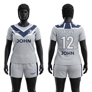 Uniforme de rugby pour femmes en polyester respirant de haute qualité 180 GSM, blanc, marine, gris, avec panneau d'épaule, impression personnalisée, broderie, étiquette tissée - Product Image 1
