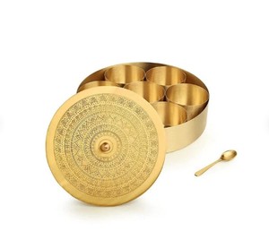 Indian Handmade Pure Brass Spice <b>Box</b> With Spoon, Kitchen Storage Spice Dabba, Masala <b>box</b>, Round Spice <b>Box</b> for Sale - Product Image 2