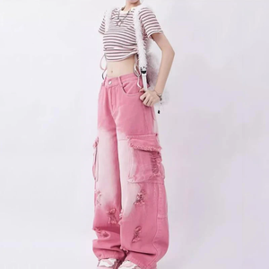 Jean en denim de coton délavé à effet dégradé, coupe ample taille mi-haute, couleur personnalisée, pour femme, style streetwear décontracté d'hiver, séchage rapide - Product Image 2