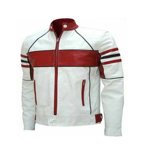 Blouson en cuir blanc pour homme de haute qualité, style motard, avec rayures rouges, coupe ajustée, veste de moto décontractée et tendance - Product Image 1