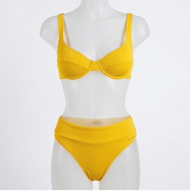 Yellow Ribbed 2 Piece Bikini Set High Waist Push Up Bra Top With Plunge Neckline Women Swimwear