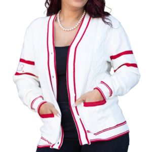 Cardigan pour femme en maille acrylique décontractée, col en V brodé sur mesure, double boutonnage, motif torsadé, rouge et blanc, modèle Delta DST - Product Image 1