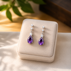 Boucles d'oreilles pendantes en argent sterling 925 avec pierre précieuse en forme de poire violette et moissanite ronde en forme de goutte d'eau pour mariage et soirée - Product Image 3