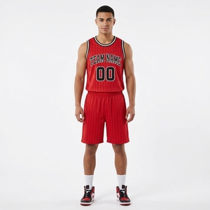 Conjunto de Uniforme de Baloncesto Personalizado por Sublimación al por Mayor para Hombre, Camiseta sin Mangas con Cuello en V y Rayas Rojas, Pantalones Cortos - Product Image 1