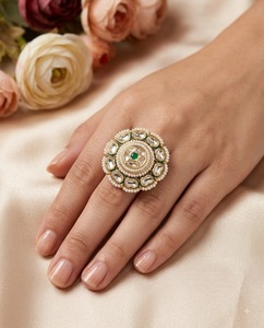 Heavy Work Kundan Pearl Beaded <b>Adjustable</b> <b>Ring</b> For Women Gold Plated Fashion <b>Ring</b> For Wedding Reception Festive Wear Collections - Product Image 6