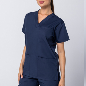 Women's Navy Blue Medical <b>Scrub</b> <b>Top</b> V Neck Short Sleeve Nursing Uniform Healthcare Workwear with Multi Pockets OEM ODM - Product Image 5
