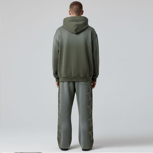 Ensemble de survêtement pour homme vert olive à capuche, sweat-shirt et pantalon à fermeture éclair intégrale avec motif étoile, coupe décontractée ample, 100 % coton - Product Image 4
