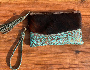 Bolso de mano de cuero de vaca real, monedero, cartera marrón, parches occidentales tallados, pelo en piel oculta, bolso de mano de cuero - Product Image 3