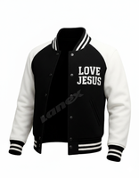 Jaket Varsity Musim Dingin Pria Desain Baru Hitam Putih Bordir LOVE JESUS Kancing Tunggal Tahan Air Berkerudung
