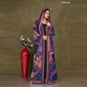 Abaya en mousseline imprimée florale à devant ouvert avec bordures décoratives, coupe longue et fluide, tenue modeste - Product Image 2