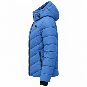 Chaqueta acolchada corta azul para mujer, con capucha, cierre de cremallera, a prueba de viento, para invierno. - Product Image 2