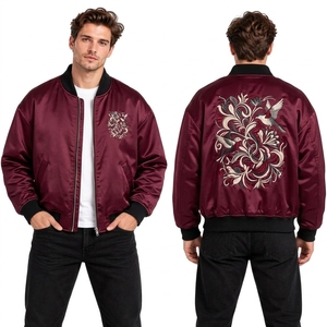 Chaqueta de Satén con Bordado Artístico Sukajan, Estilo Béisbol, Cuello Alto, Corte Holgado, para Hombre, en Oferta - Product Image 1