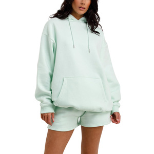 Conjunto de Sudadera con Capucha y Pantalones Cortos Extra Grandes para Mujer, Color Sólido, Felpa de Algodón, Dos Piezas, Ropa Casual para Estar en Casa, Estilo Otoñal - Product Image 1