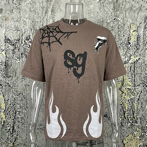 Men's Brown O-Neck Short Sleeve T-<b>Shirt</b> SG Logo <b>Flame</b> Spiderweb Print Street Style Regular Fit Breathable 220g Cotton Jersey - Product Image 1